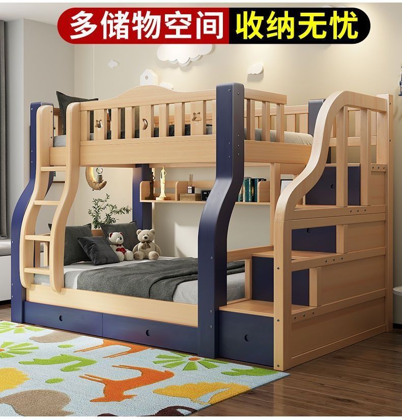 Solid wood bunk bed two-story bed with bookshelf and mattress.