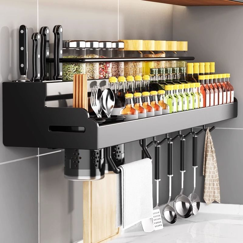 Jibaiju Kitchen Storage Rack Multi-Functional Household Punch-Free Wall-Mounted Seasoning Chopsticks Knife Holder Full Storage Rack