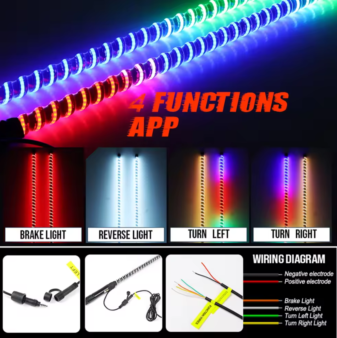 Remote Bluetooh APP Control Brake Turn 2ft 3ft 4ft 5ft 6ft COB Led Whips Light Antenna for Jeep UTV RZR X3