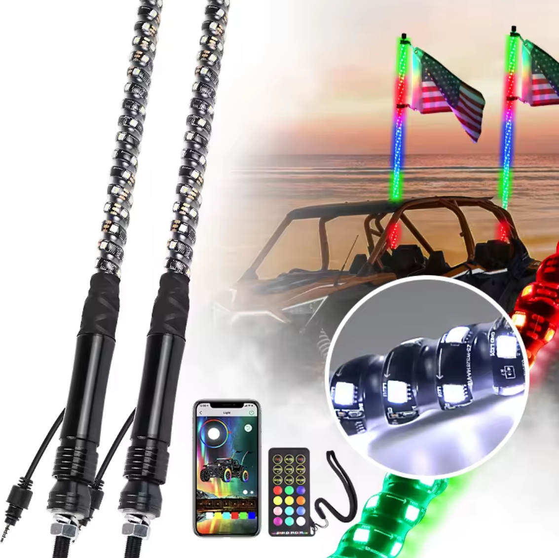 UTV Led Antenna Whip Remote Bluetooh APP Control 3ft 4ft 5ft 6ft Spiral RGB White RGBW Chasing ATV Luz Antenas Para Polaris RZR