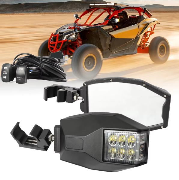 Side by Side SXS Polaris Can-Am UTV RZR Aluminum Rear View Mirror LED Side Mirror with Turn Light for 1.75" Roll Bar