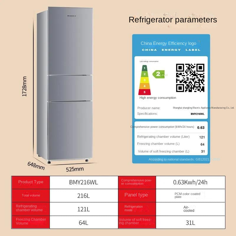 Shangling Refrigerator 183L 191L 200L 216L 3 doors 2door no frost BMY216WL