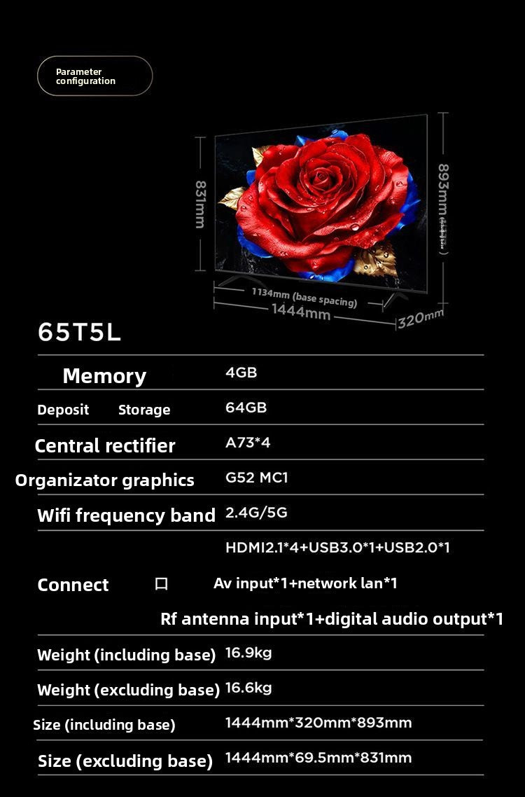 TCL TV 65T5L 65inch 288Hz High Refresh QLED Quantum Dot Smart Control System Ultra-thin TV