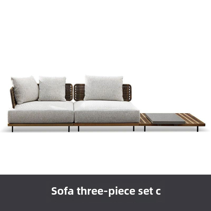 Nordic Light Luxury High-End Rattan Garden Courtyard Outdoor Balcony Waterproof and Sun Protection Teak Solid Wood Sofa Combination