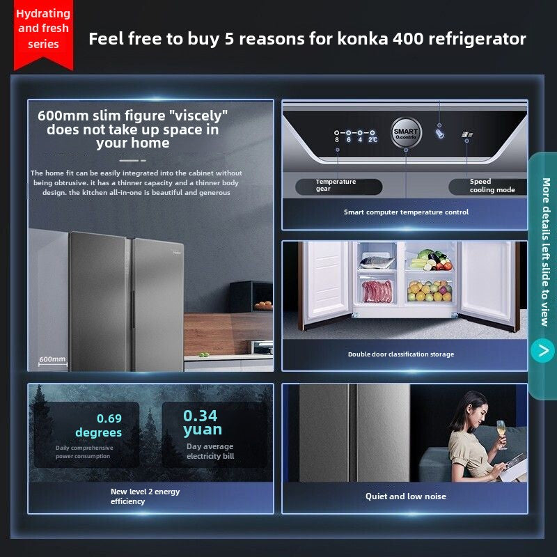 Konka 400 Liters Double-Door New Refrigerator Ultra-Thin Embedded Double Door Large Capacity off-Price Household Energy-Saving Refrigerator 40j