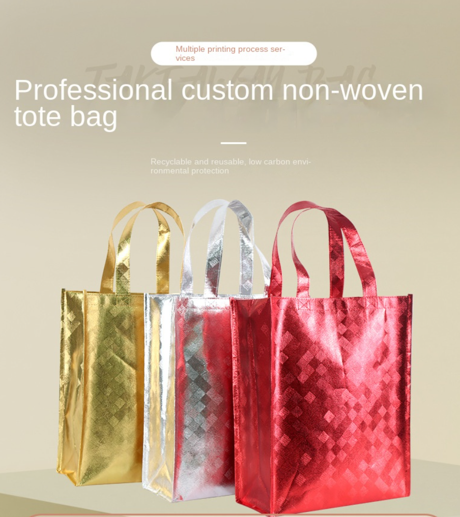 Laser Laminating Shopping Bag Aluminum-Plated Sewing Non-Woven Handbag Festive New Year Gift Bag Printable Multi-Color Logo