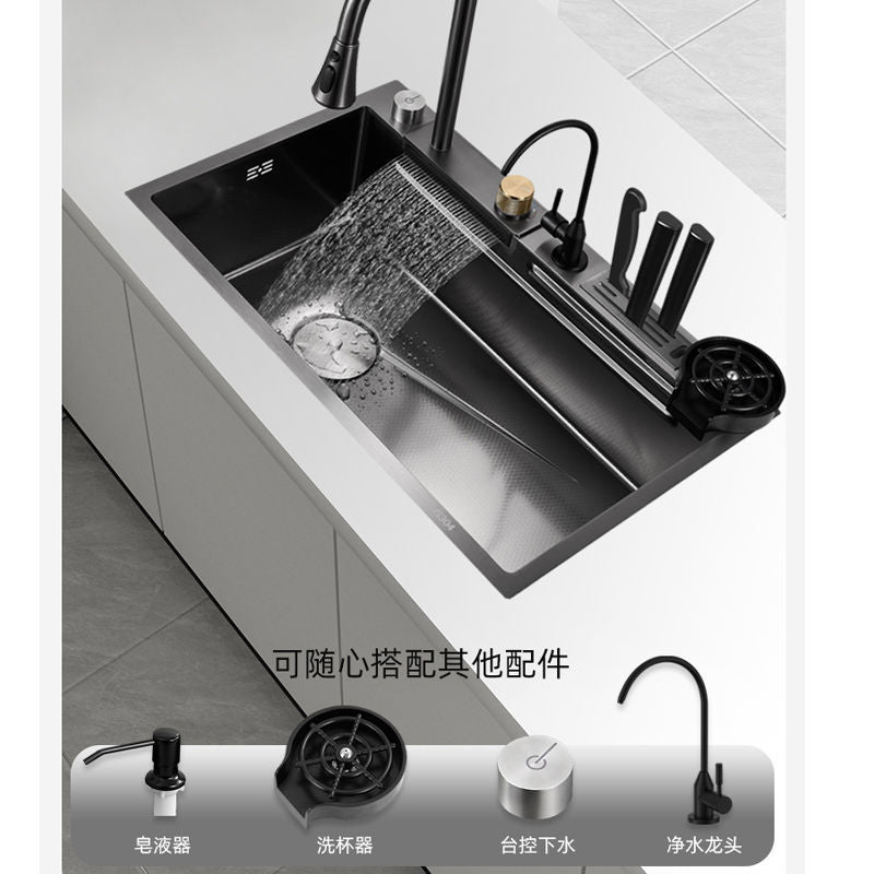 Genuine Goods 304 Stainless Steel Sink Flying Rain Waterfall Left Side Lower Water Large Single Sink Household Washing Vegetables Basin Kitchen Sink