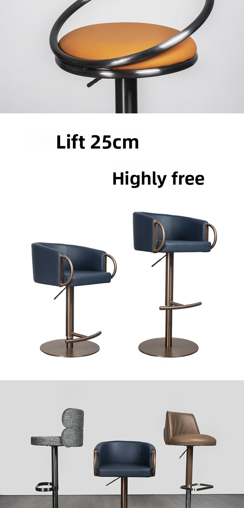 Bar Stool with Adjustable Height and Swivel Function, Backrest Bar Stool for Front Desk, Luxury Home Use Chair, Iron Art Stainless Steel High Stool