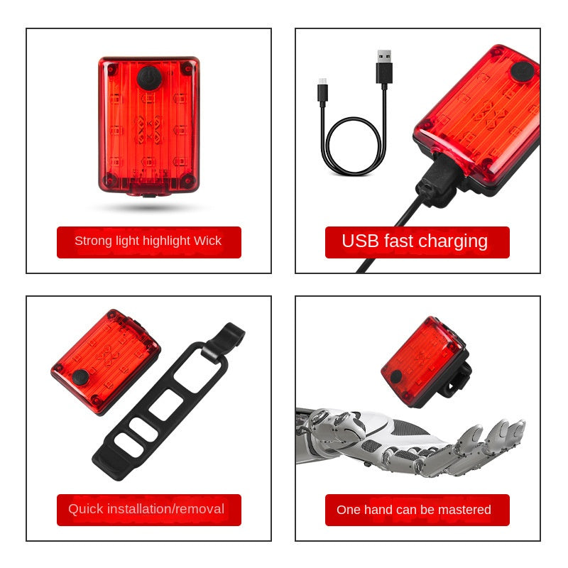 Bicycle Taillight Road Bike Bright Safety Alarm Lamp Outdoor USB Rechargeable Flash Light Mountain Bike Riding Light