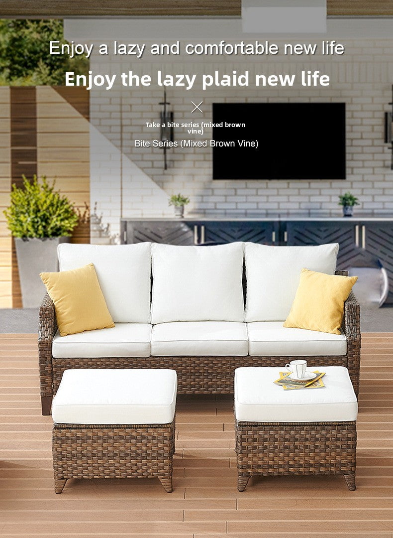 Cross-Border Outdoor Rattan Sofa Set Courtyard Combination Sunproof Waterproof Three-Person Rattan Chair Outdoor Furniture Garden Sofa