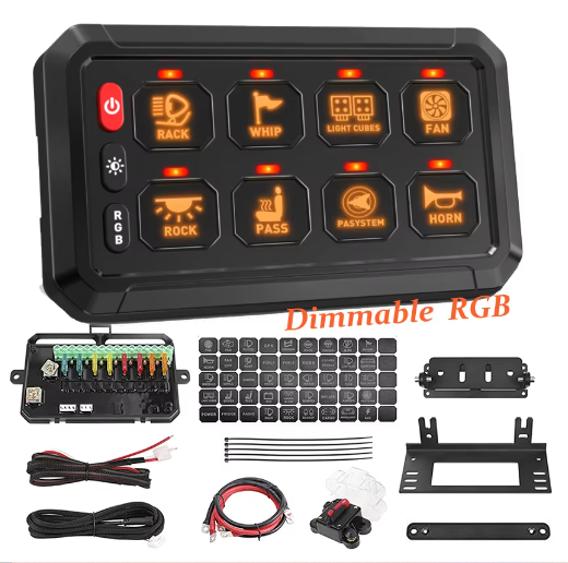 8 Gang Switch Panel RGB Dimmable Auto Vehicle Power Plus Automatic Dimmable Switch Pod Panel Circuit Control Box Relay System