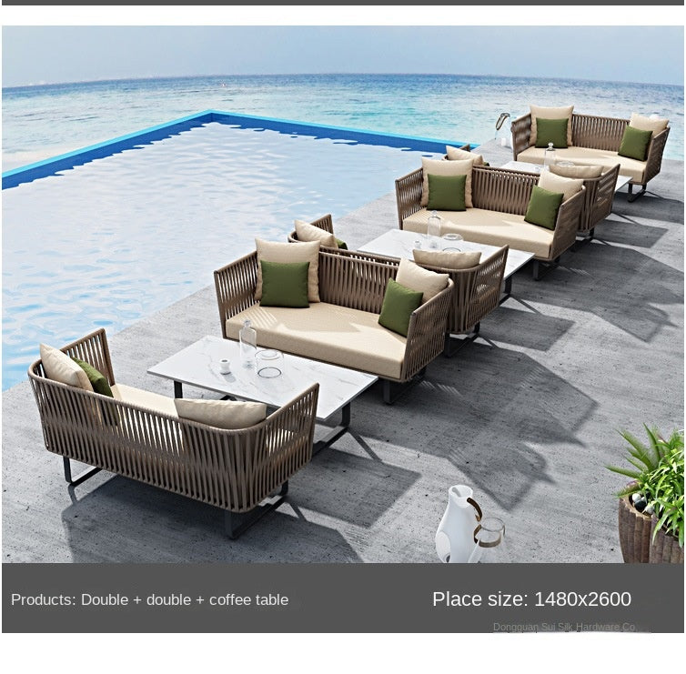 Outdoor Sofa Waterproof Outdoor Restaurant Seat Rattan Sofa Courtyard Terrace Balcony Leisure Double Rattan Woven Sofa Chair