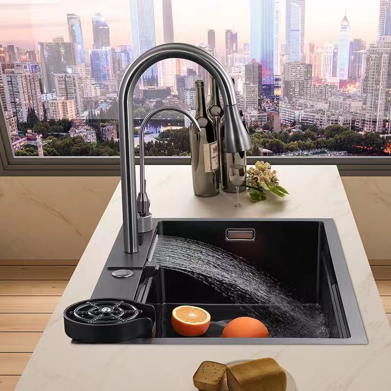 Thick 304 Stainless Steel Large Single Sink Piano Button Digital Display Feiyu Waterfall Sink Kitchen Vegetable Washing Honeycomb Dishwashing