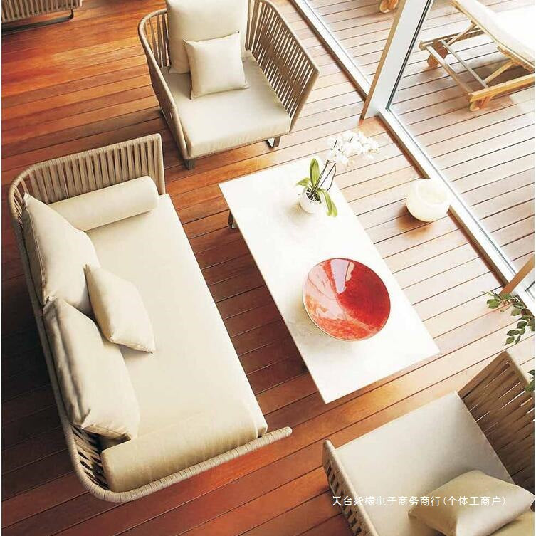 Outdoor Sofa Sunproof Waterproof Leisure Living Room Balcony Outdoor Courtyard Coffee Table Three-Person Rattan Furniture Homestay Rattan Chair