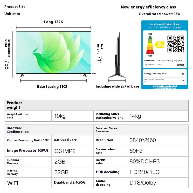 TCL Thunderbird Bird 5 55-Inch 4K Ultra HD Eye Protection against Blue Light Ultra-Thin Full Screen TV 2 + 32gb Game Smart LCD Flat Panel TV 55f275c