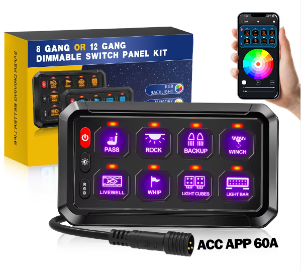 APP Control Automotive Aux ON-Off Dimming RGB 8 Gang Switch Panel 12V 24V With Circuit Control Box for Off road Light