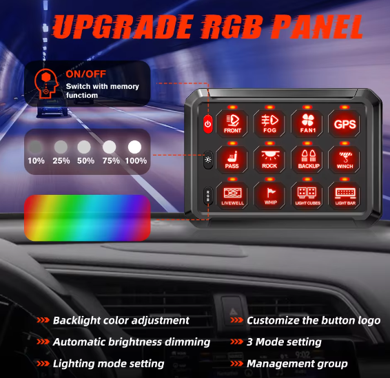 APP Control Marine Boat Automotive ON-Off RGB Dimming 12 Gang Switch Panel 12V 24V With Circuit Control Box for Offroad Light