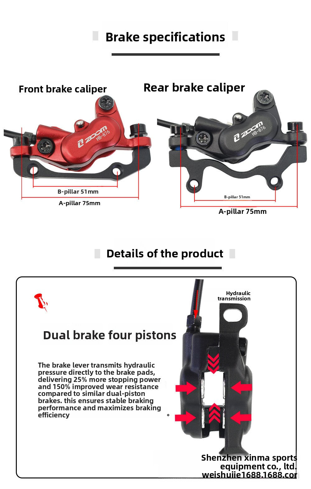 ZOOMHB876 Four-Piston Oil Brake Mountain Bike Front and Rear Oil Disc Brake Pads Disc Bilateral Brake Hydraulic Brake