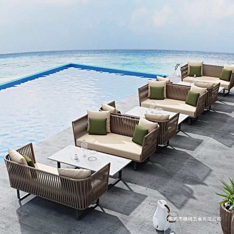 Outdoor Sofa Waterproof Outdoor Restaurant Seat Rattan Sofa Courtyard Terrace Balcony Leisure Double Rattan Woven Sofa Chair
