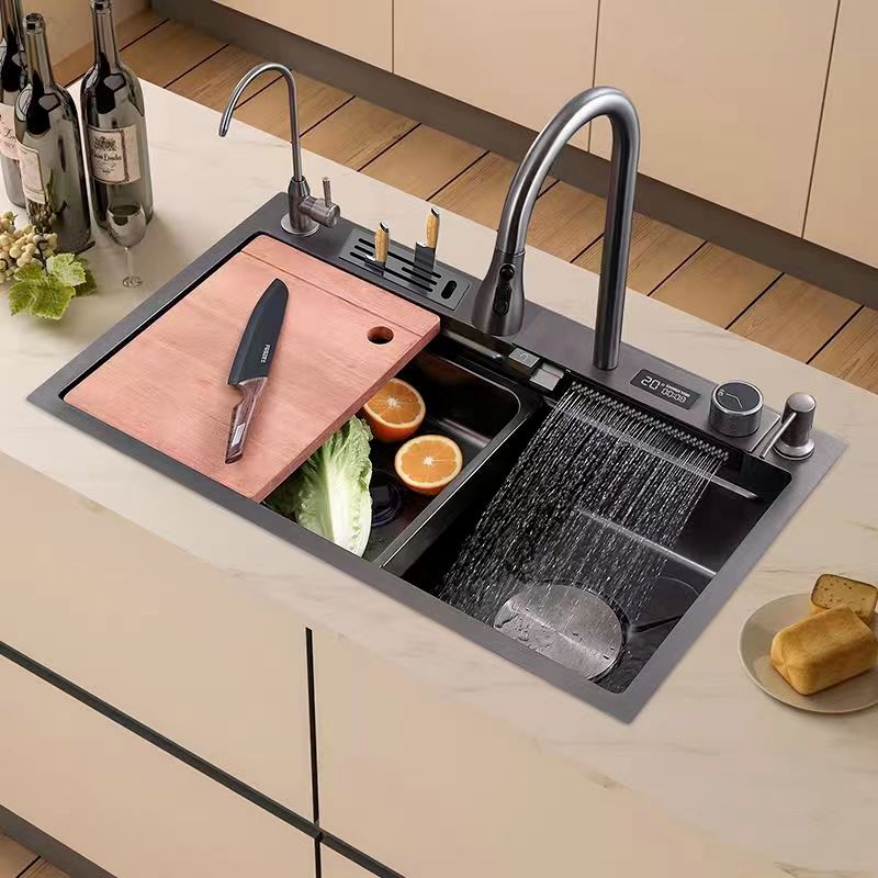 Thick 304 Stainless Steel Large Single Sink Piano Button Digital Display Feiyu Waterfall Sink Kitchen Vegetable Washing Honeycomb Dishwashing