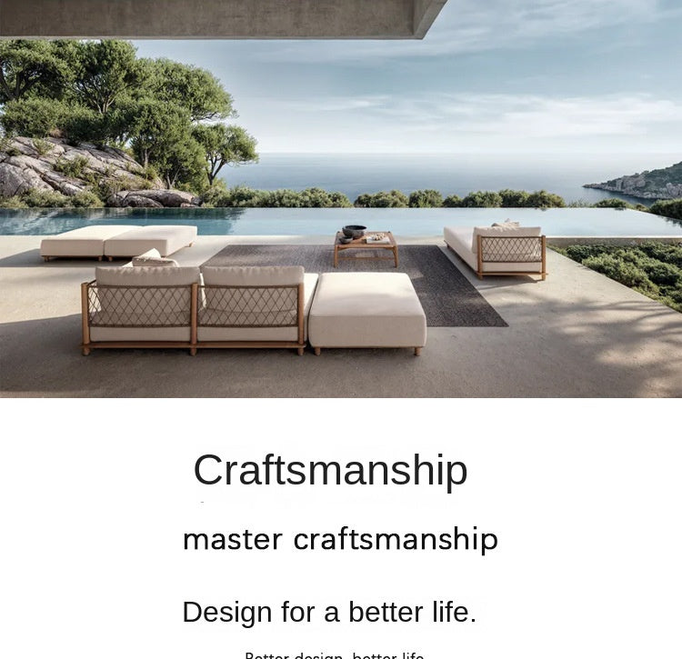 Outdoor Sofa Courtyard Villa Leisure Waterproof Hotel Homestay Outdoor Garden Terrace Solid Wood Rattan Sofa Set