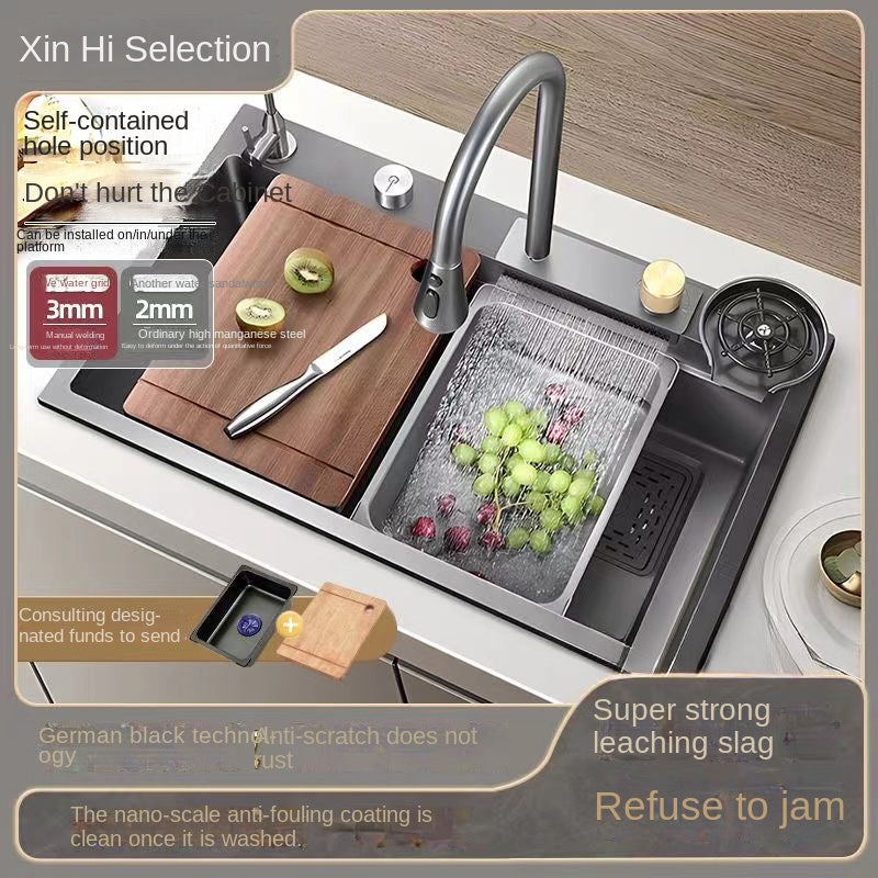 [Xin Hi] 4mm Feiyu Waterfall Large Single Sink 304 Stainless Steel Thickened Vegetable Washing Bowl Kitchen Household Scullery