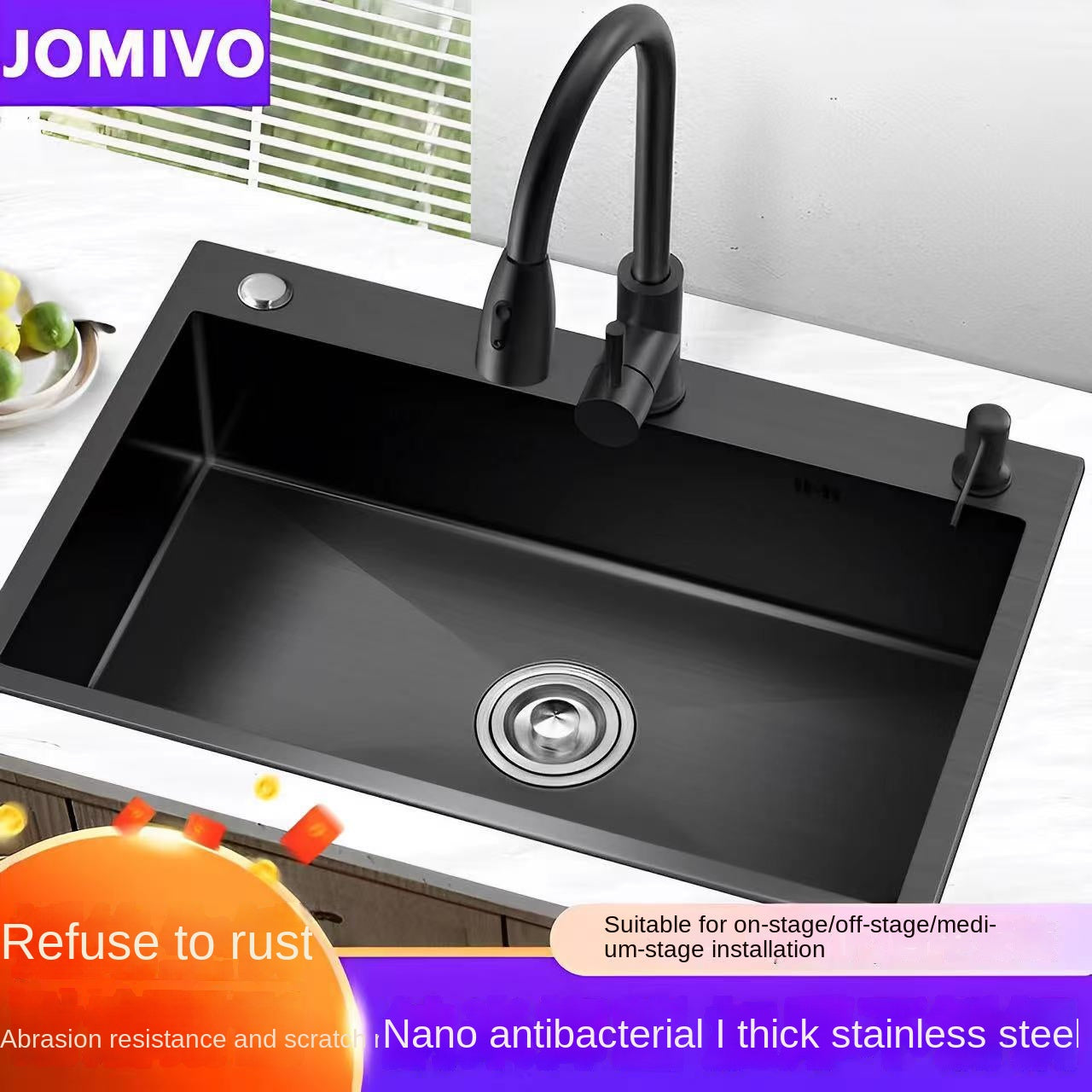 [Sus304] Thickened Stainless Steel Integrated Large Single Sink Black Nano Home Table Washing Basin Package