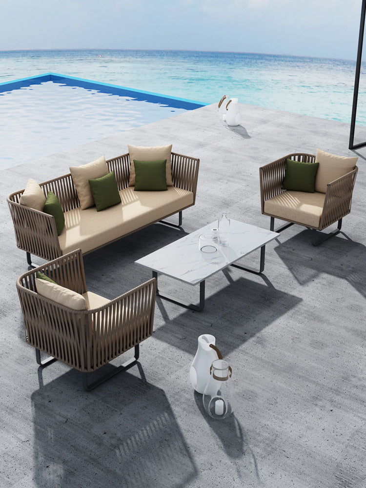 Outdoor Sofa Waterproof Outdoor Restaurant Seat Rattan Sofa Courtyard Terrace Balcony Leisure Double Rattan Woven Sofa Chair