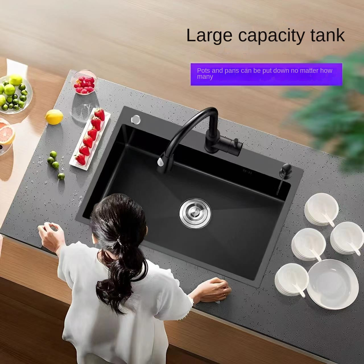 [Sus304] Thickened Stainless Steel Integrated Large Single Sink Black Nano Home Table Washing Basin Package