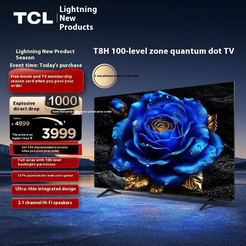 TCL TV 65t8h 65-Inch 100-Level Partition QLED Quantum Dot Ultra-Thin 2.1 Channel Audio 120Hz Living Room LCD Smart Tablet Game TV