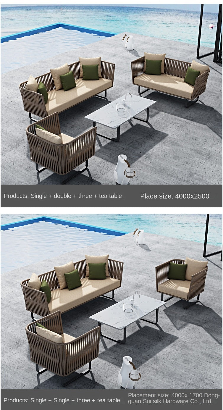 Outdoor Sofa Waterproof Outdoor Restaurant Seat Rattan Sofa Courtyard Terrace Balcony Leisure Double Rattan Woven Sofa Chair