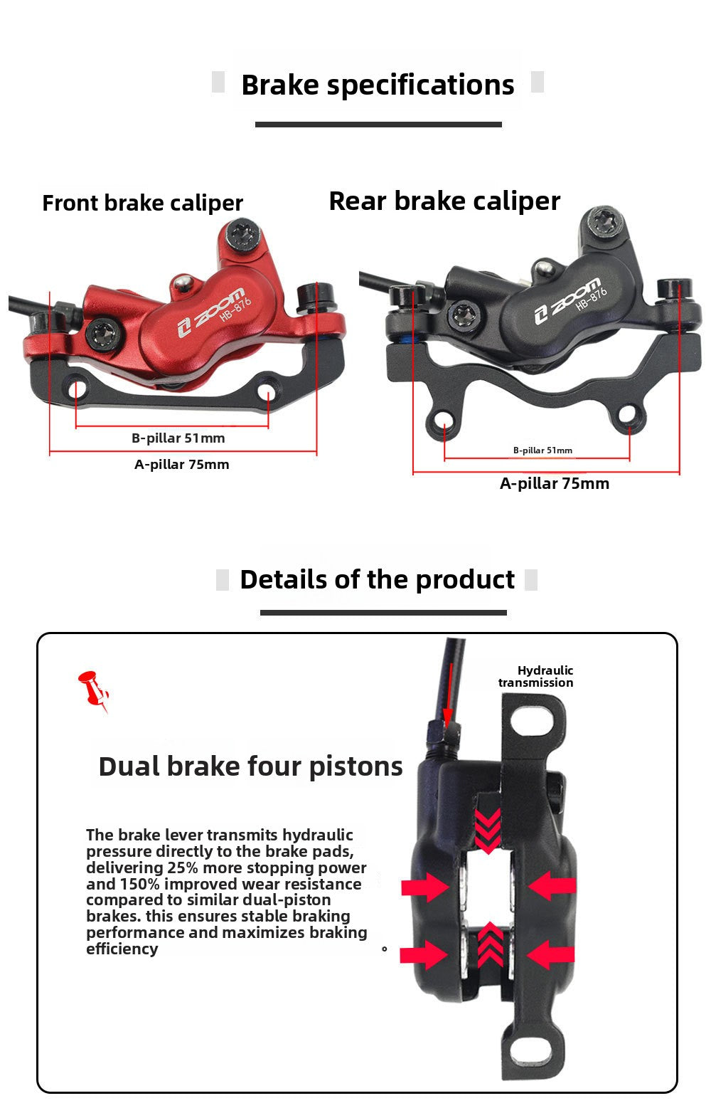 ZOOMHB876 Four-Piston Oil Brake Mountain Bike Front and Rear Oil Disc Brake Pads Disc Bilateral Brake Hydraulic Brake