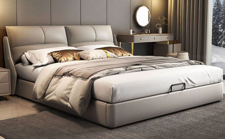 Modern simple leather bed Italian minimalist marriage bed multi-functional first layer cow skin master bedroom light luxury leather bed