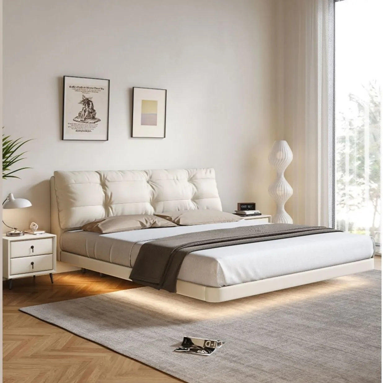 Suspended modern minimalist leather bed soft back XMSY03