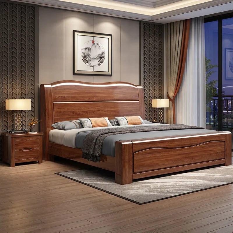 Gold silk walnut solid wood bed modern 1.5/1.8 m barometric storage bed XCMJ02